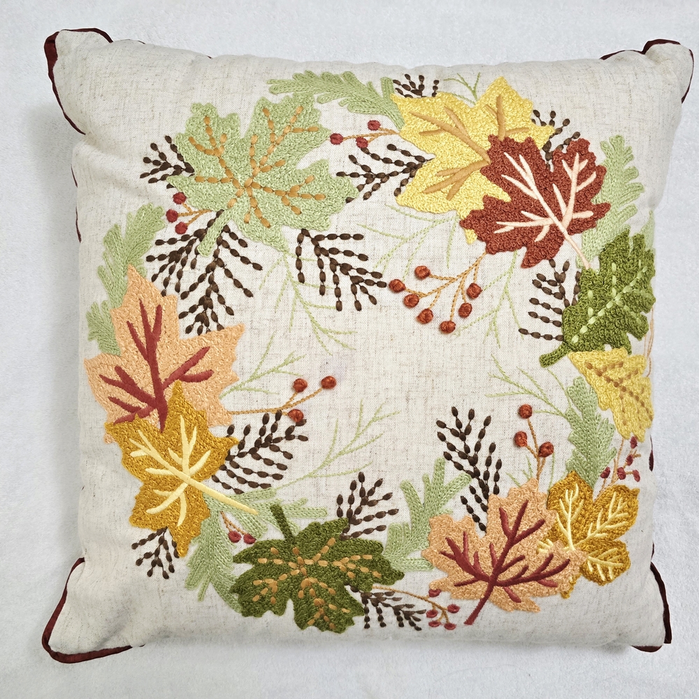 Needlework Embroidery Pillow Pier One 1 Fall Leaves 16" X 16" EUC